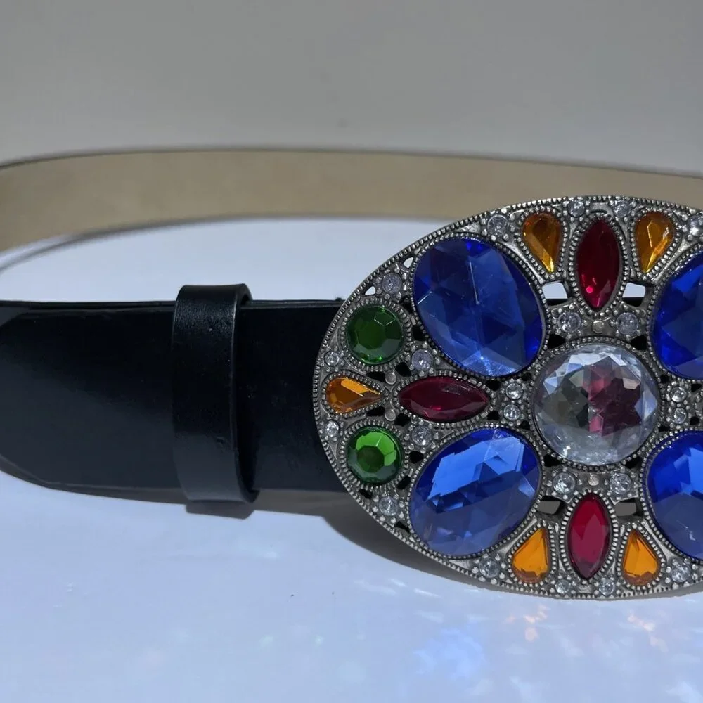 Amiee Lynn Leather Belt Colorful Jeweled Buckle Size L/XL Statement Western